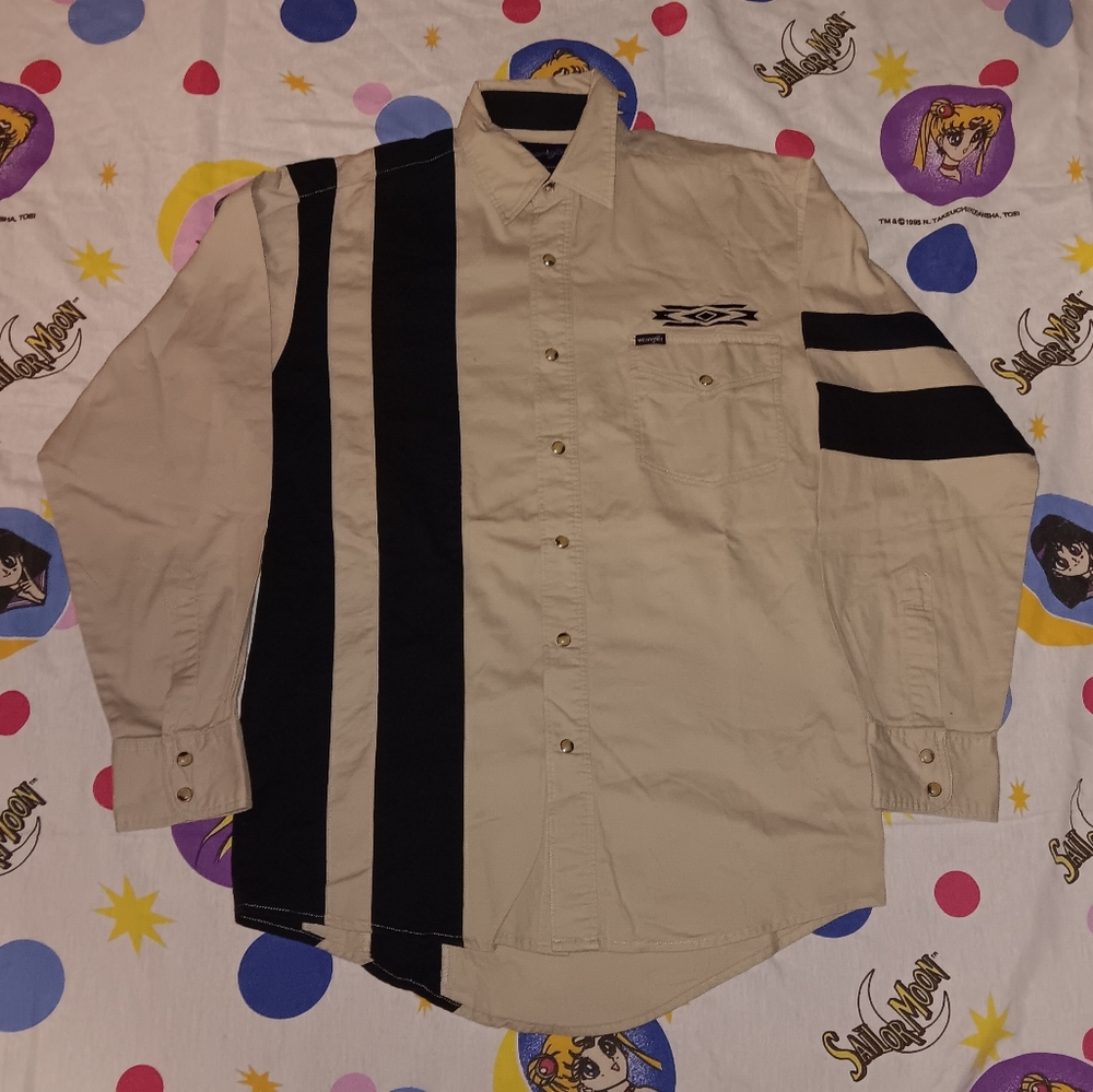 90s Wrangler Western Long Sleeve Khaki Stripe Pearl Snap Button Vintage Shirt